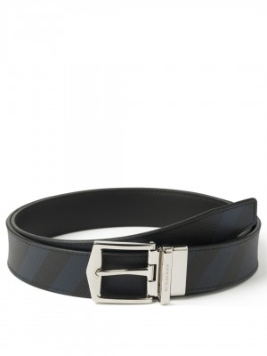 BURBERRY Reversible London Check and Leather Belt - Navy / Black - 90 cm - 36" Waist