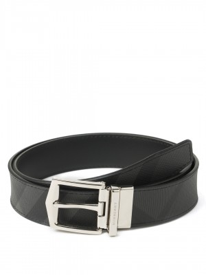 BURBERRY Reversible London Check and Leather Belt - Charcoal / Black - 95 cm - 38" Waist