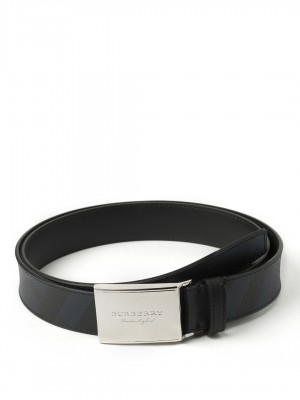 BURBERRY Plaque Buckle London Check and Leather Belt - Navy & Black - 105 cm - 42" Waist