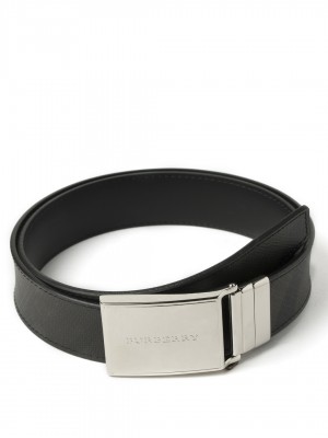 BURBERRY Reversible London Check and Leather Plaque Belt - Chocolate & Black - 90 cm - 36" Waist