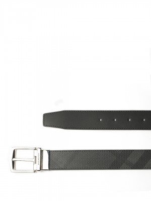 BURBERRY Reversible London Check and Leather Belt - Charcoal / Black - 100 cm - 40" Waist