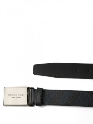 BURBERRY Plaque Buckle London Check and Leather Belt - Navy & Black - 110 cm - 44" Waist