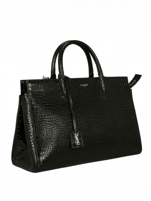 YSL YVES SAINT LAURENT Medium Cabas Rive Gauche Tote Bag In Crocodile Embossed Leather - Black