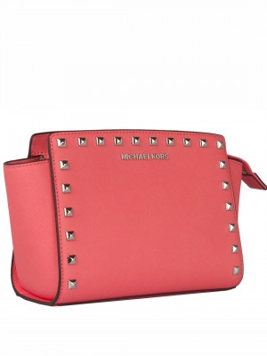 MICHAEL Michael Kors Selma Mini Saffiano Leather Studded Crossbody Sling Bag - Coral Pink